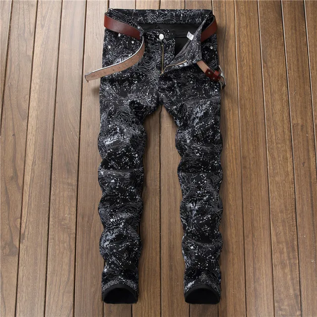 Casual Pantalon Streetwear Mens Hommes Mode 2018 Imprimé Jeans Noir Jeans Nouvellement Slim Couleur Fit Punk PkXiuZ