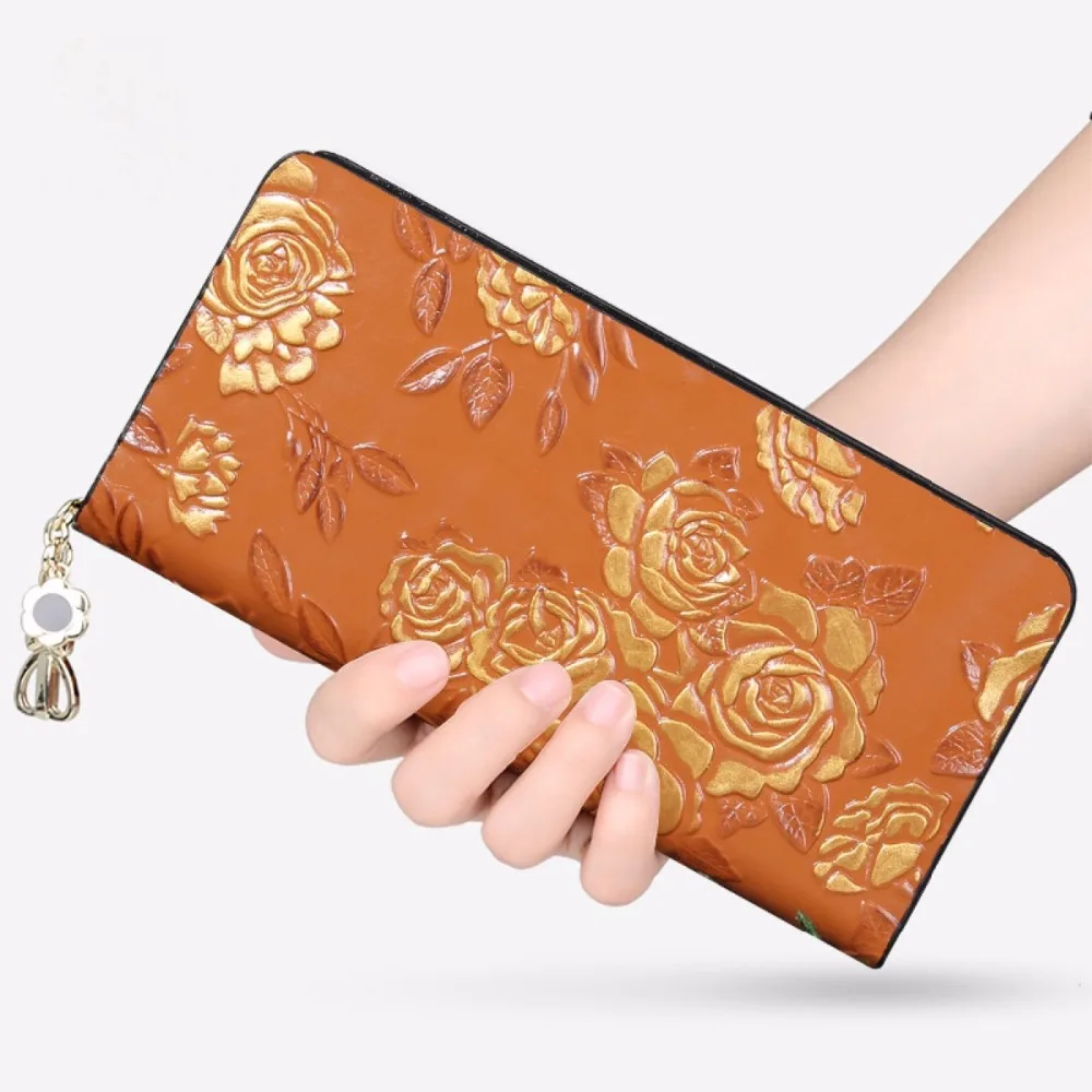 

Embossing Flower Graceful Designer Genuine Cow Leather Female Women's Small Orange Red Clutch Purse Ladies Card Case Phone Bag