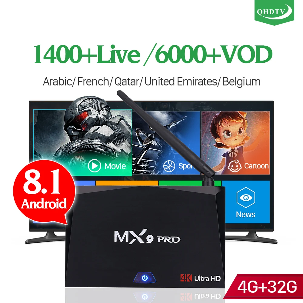 

IPTV France TV Receivers Android 8.1 4G 32G RK3328 Dual Band Wifi MX9 Pro with QHDTV IPTV Subscription 1 Year IPTV Arabic French