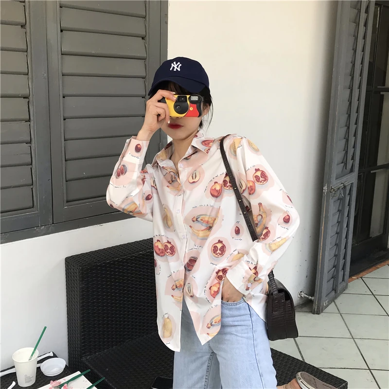

Women Vintage Fruit Print Chiffon Shirt Summer Chiffon Long Sleeve Lapel Blouse