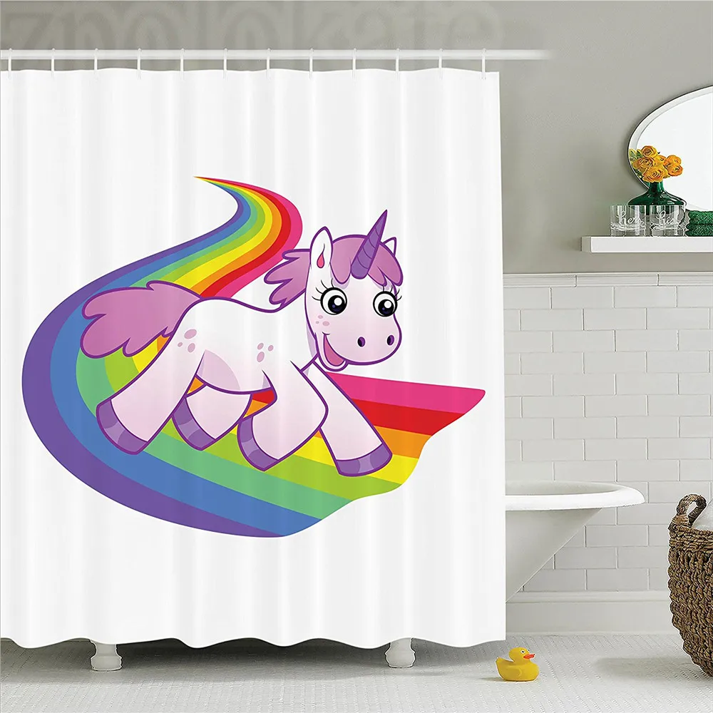 Cartoon Decor Shower Curtain Set Baby Unicorn Runs on the Rainbow