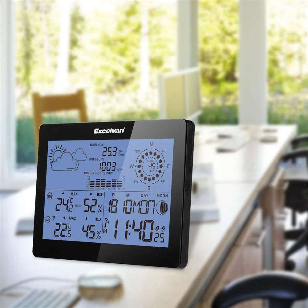 EXCELVAN Wireless Weather Station With Forecast Temperature Wind Speed & Rain Humidity Barometer Moon Phase Alarm Clock16