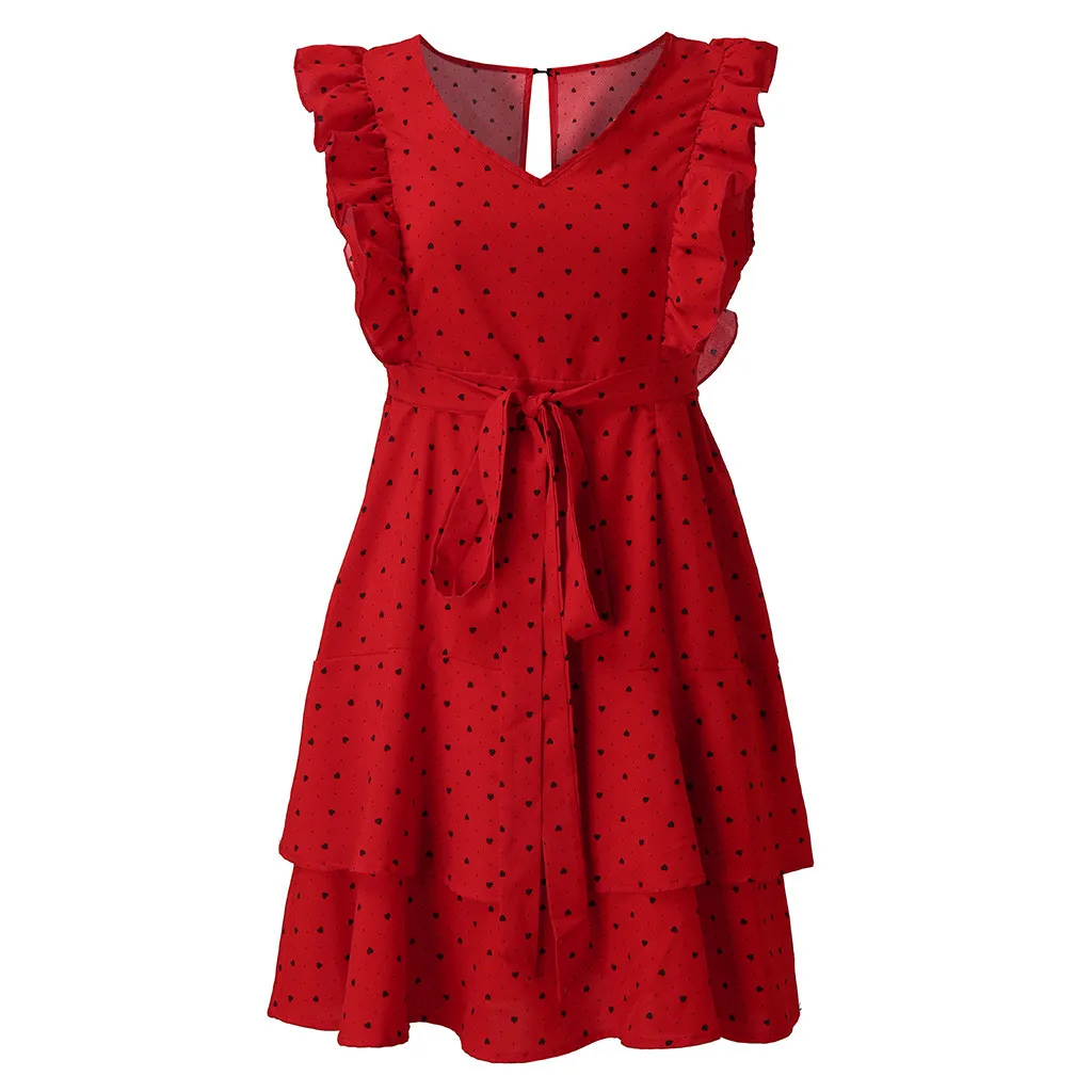 

Ruffles Polka Dot Dress Women With Belt 2019 Sexy V-neck Tunic Boho Beach Summer Dress and Sundress Robe Femme Red Vestidos#J30