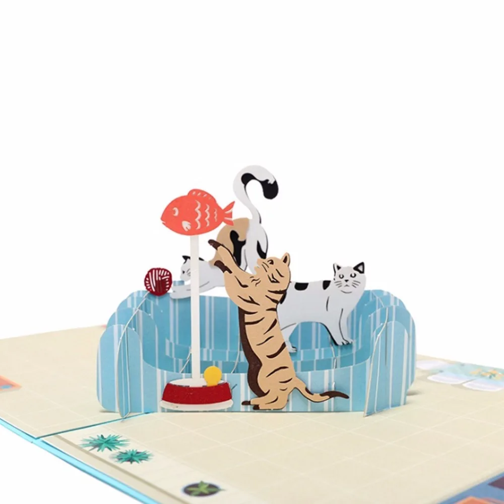  DIY Greeting Cards Handmade Birthday Wedding Invitation 3D Pop Up Card Cat Fish - 32904874433