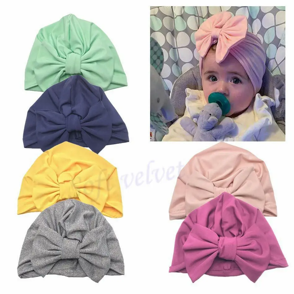 

2019 Brand Newborn Kid Baby Girls Turban Soft Silk Beanie Comfy Bowknot Hospital Hat Cap Wrap Headwear Headband Lovely