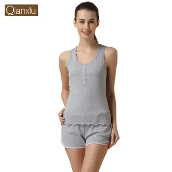 

Qianxiu women's Pajama Set Cotton lounge wear Knitted Sleepwear Sleeveless Suit Pants set 1521