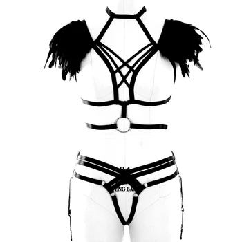 

Black Feather Angel Wings Epaulettes Bondage Shoulder BurningMan Festival Goth Body Harness Club Dance Lingerie Set Rave Wear