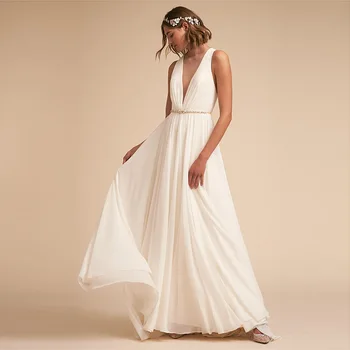 

Boho chiffon Wedding Dress 2019 V Neck Cap Sleeve Beach Wedding Gown Cheap Backless Custom Made Bride Dresses