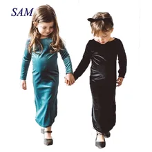 Ins/Лидер продаж, Золотое бархатное платье с длинными рукавами и разрезом для девочек детские многоцветные прямые платья Ципао детское длинное платье