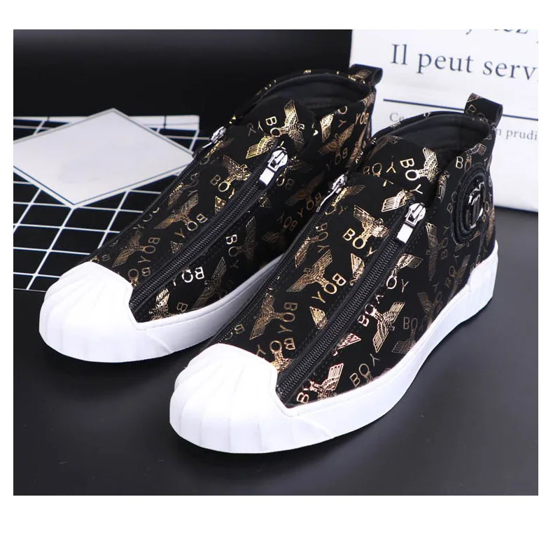 Wholesale Shell Cap Men Loafers Sheet Metal Gold Eagle Zip High Top Men Shoes Casual Leisure Hip Hop Flats Sneakers botas Hombre