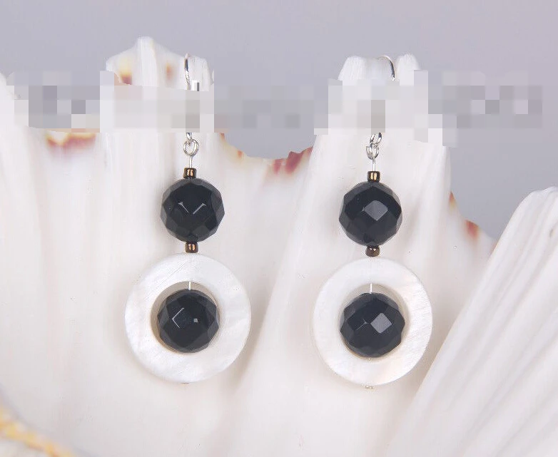 

hot sell new - 1176 round black agate white shell dangle earrings