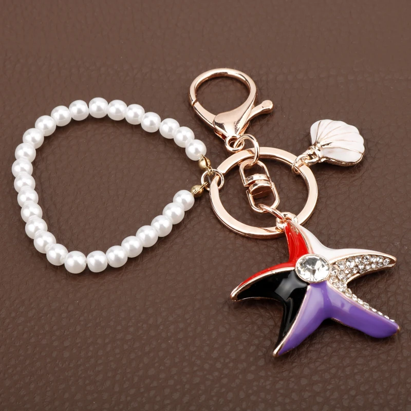 

New Fashion Sea World Starfish Pearl Shell Keychain Key Chain KeyRing Crystal Pendant Keychain Women Gift