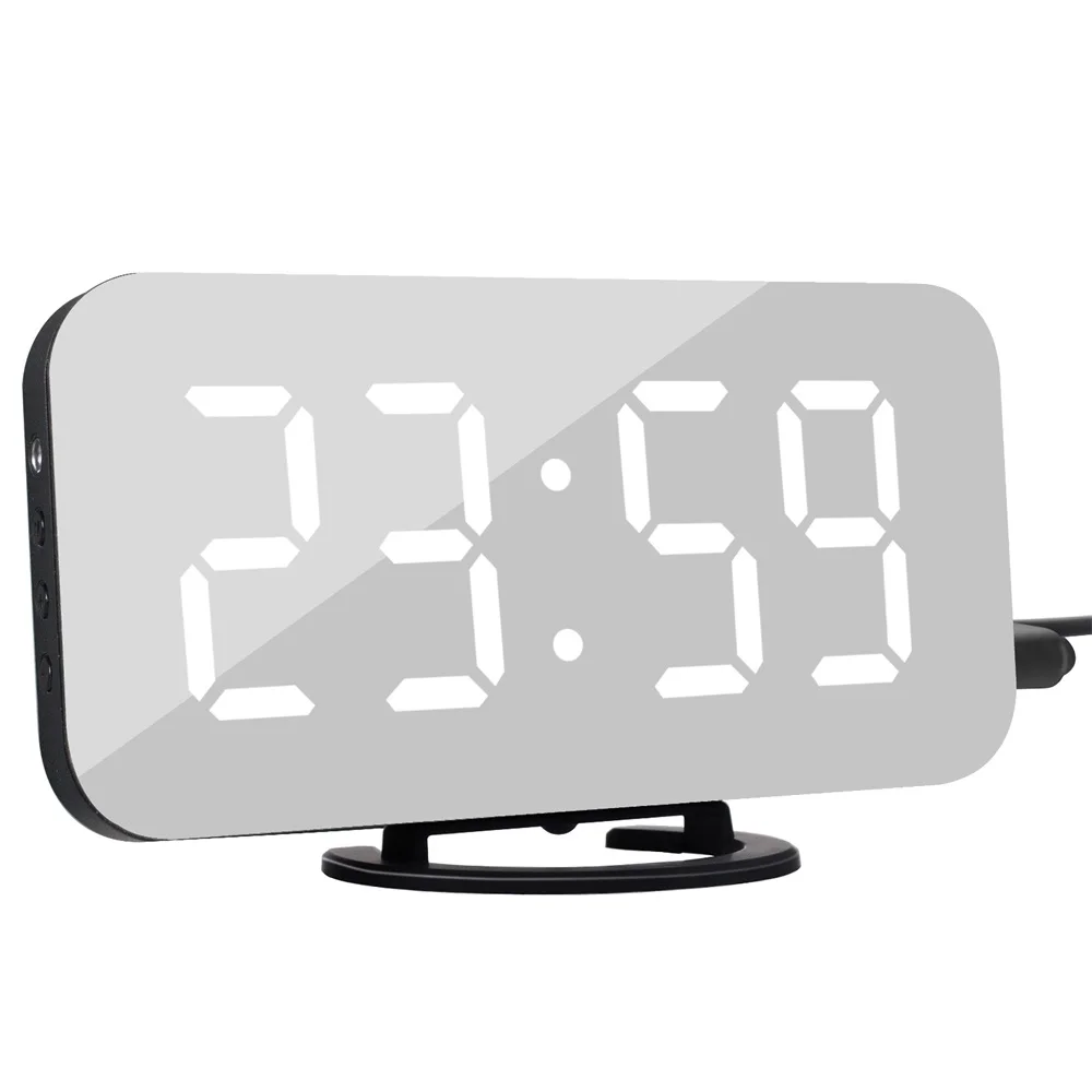 

Decorative Alarm Clock Snooze LED Mirror Digital Clock for Bedroom Phone Charging Electronic Desktop Hanging Table Clocks Black
