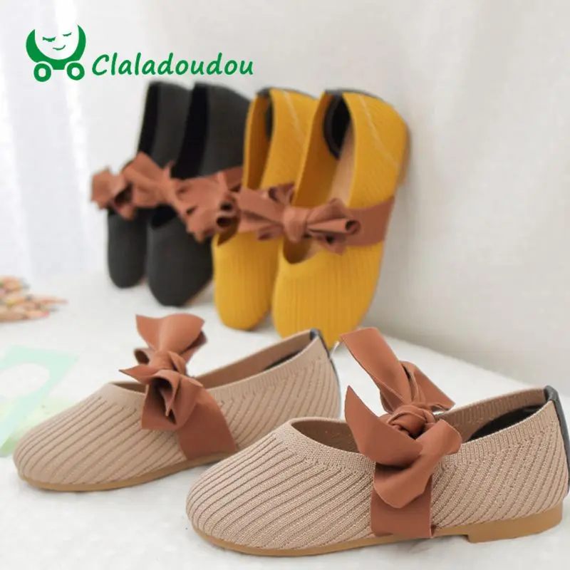 

Claladoudou 13.5-18.5cm brand girls knitting shoes yellow black breather casual shoes pure lace butterfly flat school shoes 3-9Y