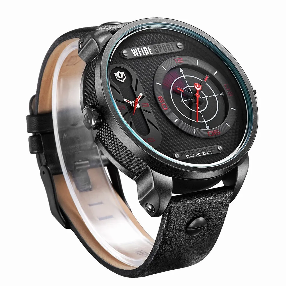 Waterproof! WEIDE Brand Military Watch Big Round Dial Analog Two Time Zones Display Leather Strap Men Army Sports Waches Relogio