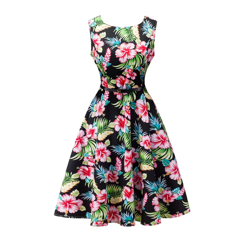 Kostlish 2017 New Summer Dress Women Floral Print Audrey Hepburn 50s 60s A-Line Vintage Dress Sleeveless Party Dresses Plus Size (69)