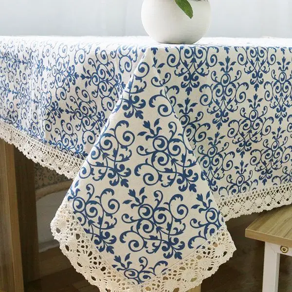

Retro Blue and White Table Cloth with Lace Cotton Print Chinese Style Rectangular Dinning Tablecloths Cover Home Decor ZB-9