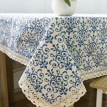 

Retro Blue and White Table Cloth with Lace Cotton Print Chinese Style Rectangular Dinning Tablecloths Cover Home Decor ZB-9