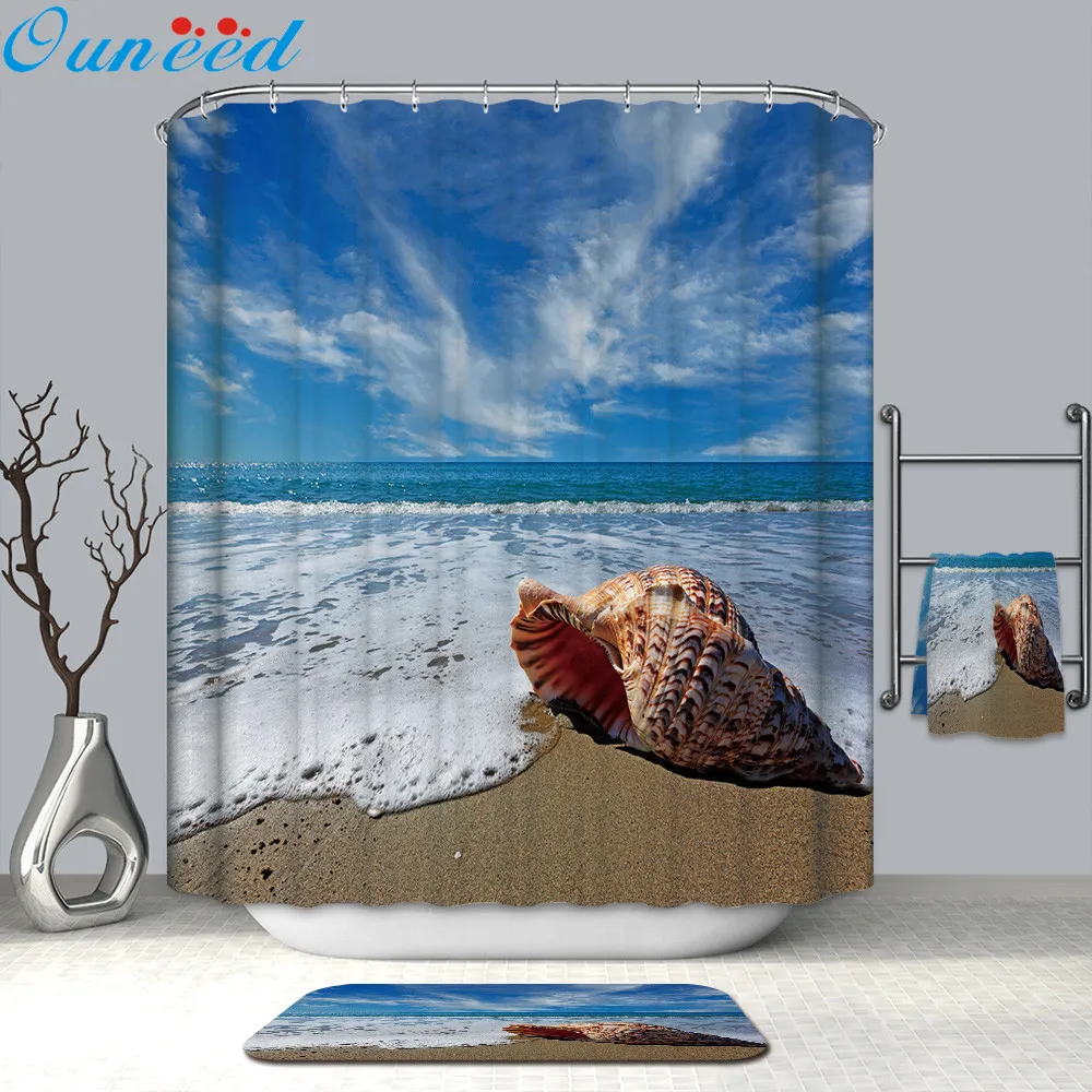 

Ouneed Shower Curtain big Conch sea painting shower Curtains with 12 Hooks ocean 3D print Waterproof Bathroom Shower Curtain HOT