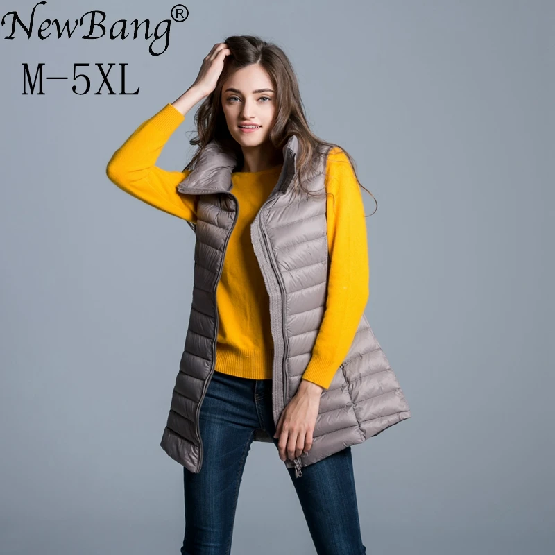 Бренд NewBang, 4XL, 5XL, плюс, женское пуховое пальто, жилеты, Женский Длинный жилет, ультра-светильник, без рукавов, воротник-стойка, куртка