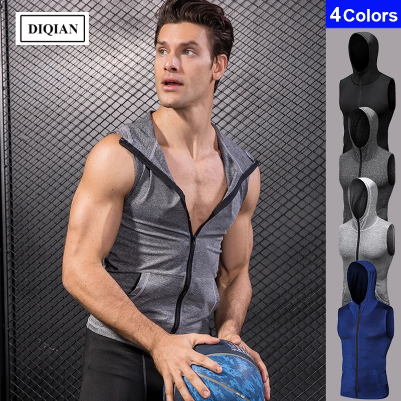DIQIAN Fitness Sleeveless Hooded Sport Jacket Men High Elastic Tight
