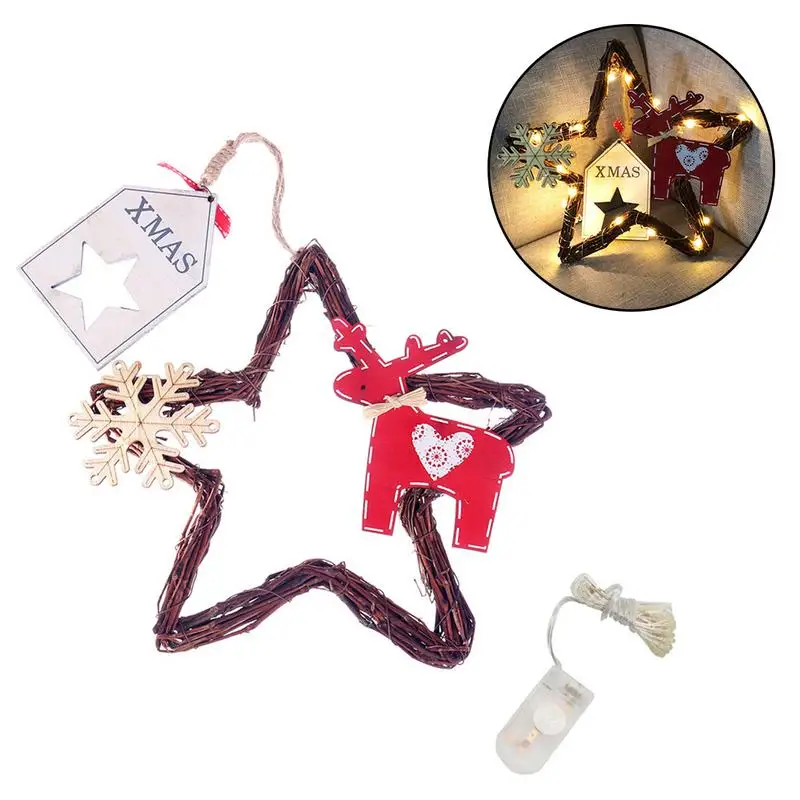 

Christmas Vintage Rattan Woven Ornaments Five-Pointed Star Christmas Tree Decorations With 20 Lamps Button Copper Wire Lights
