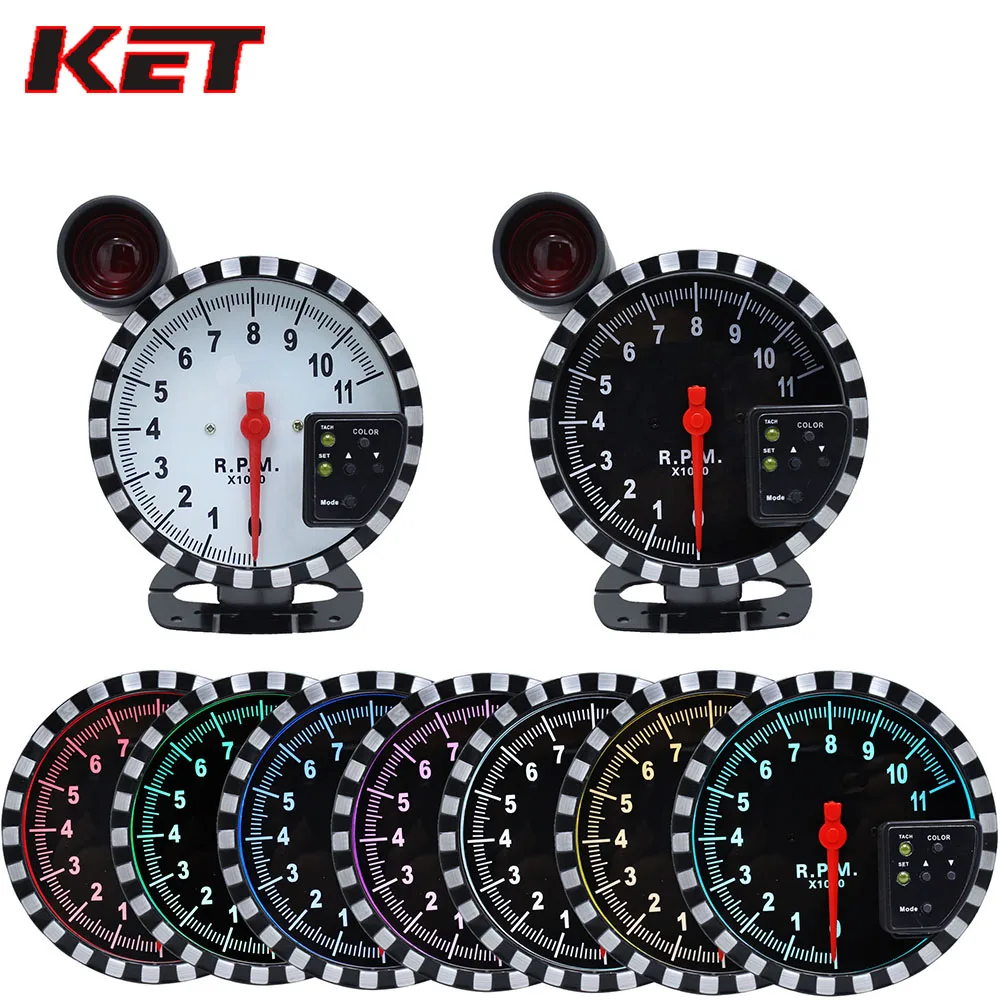 

KET 5 Inch Car digital Tachometer Gauge RPM 11000K Gauge for 1-10 cylinder engine vehicles 7Color Backlight LED Shift Light rpm