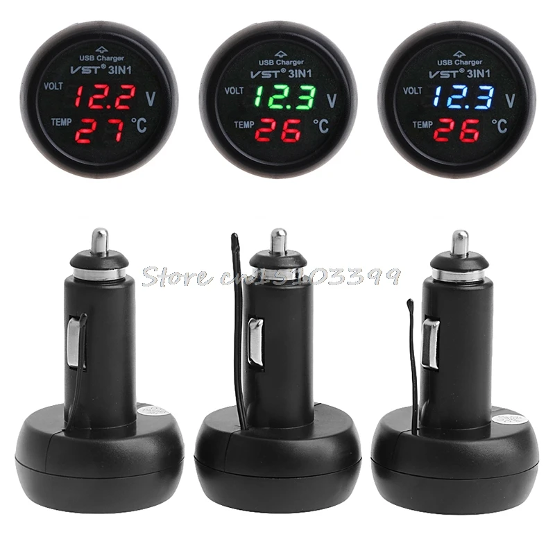 

3in1 Car Auto Digital LED Thermometer USB Charger Cigarette Voltmeter 12V/24V 3Color Drop Ship