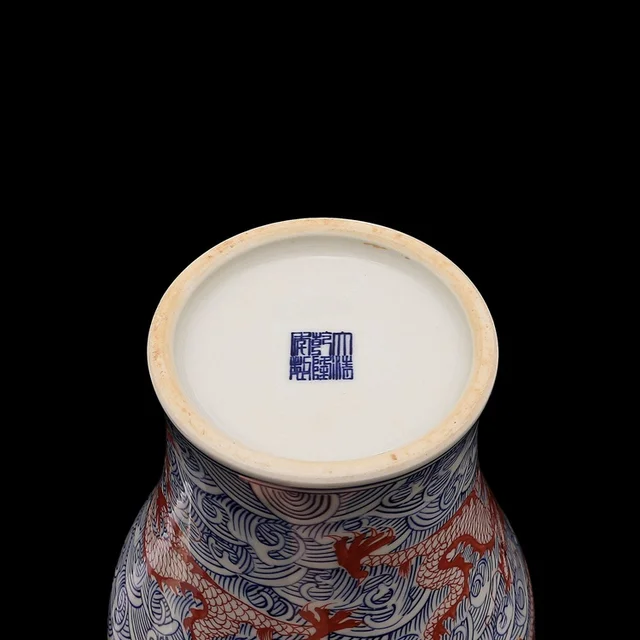 Qing Qianlong hand-painted blue and white glaze Red Sea water five dragons vase meiping antique porcelain 6