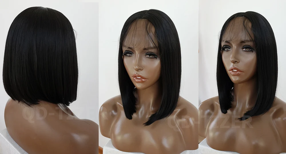 QD-TIZER SHORT BOB SYNTHETIC LACE FRONT WIG BLACK HAIR LACE FRONT WIGS WITH BABY HAIR7