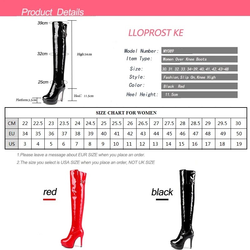 LLOPROST KE Women Patent Leather Over The Knee Boots Black Sexy High Heel Long Platform