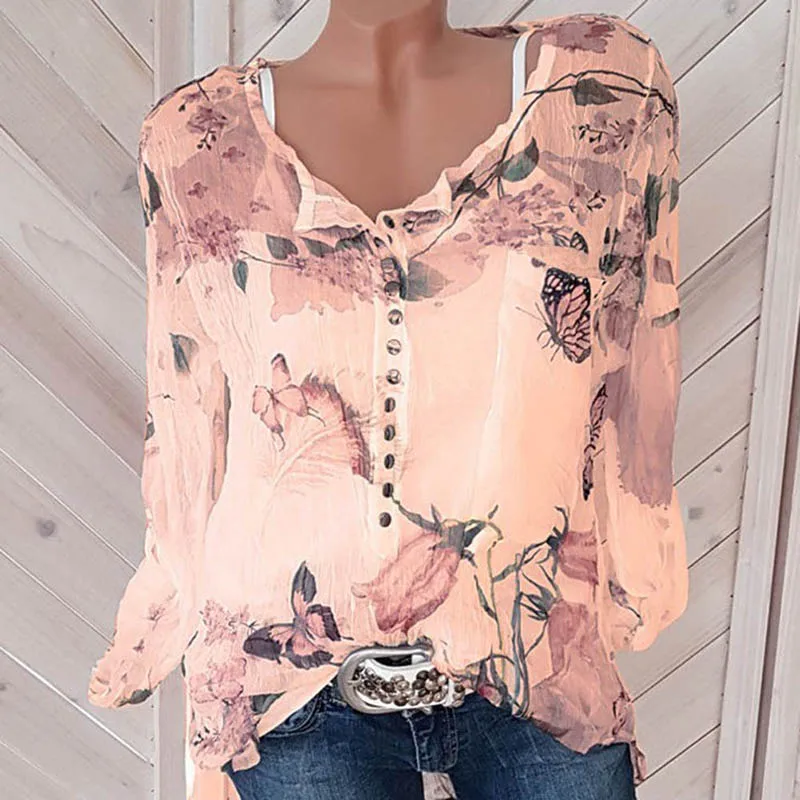 Fashion Women Print Chiffon Shirts Long Sleeves Loose Slim Fit Breathable Tops for Spring GM |