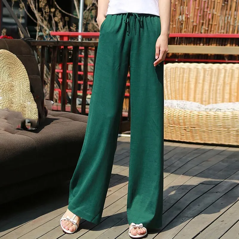 

Spring Summer Casual Women Elastic High Waist Wide Leg Pants Green Black White Linen Trousers Sashes Korean Fall Loose Pants