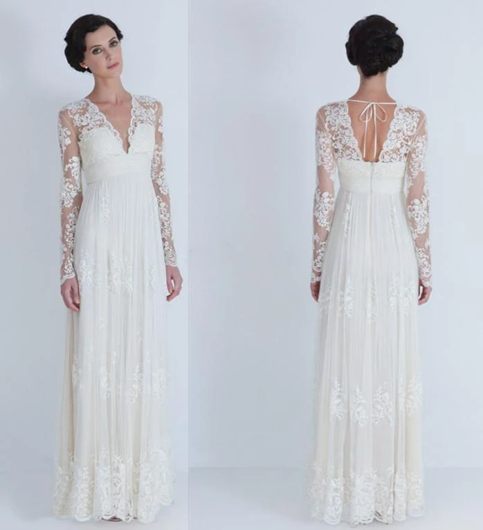 2014 Vintage Elegant Lace Sheath Wedding Dresses V Neck Long Sleeve ...