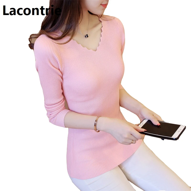 

Lacontrie Spring Autumn Basic Shirt Sweaters Women Tops V Neck Sexy Sweater OL Slim Long Sleeved Knitting Sweater Pullovers T189