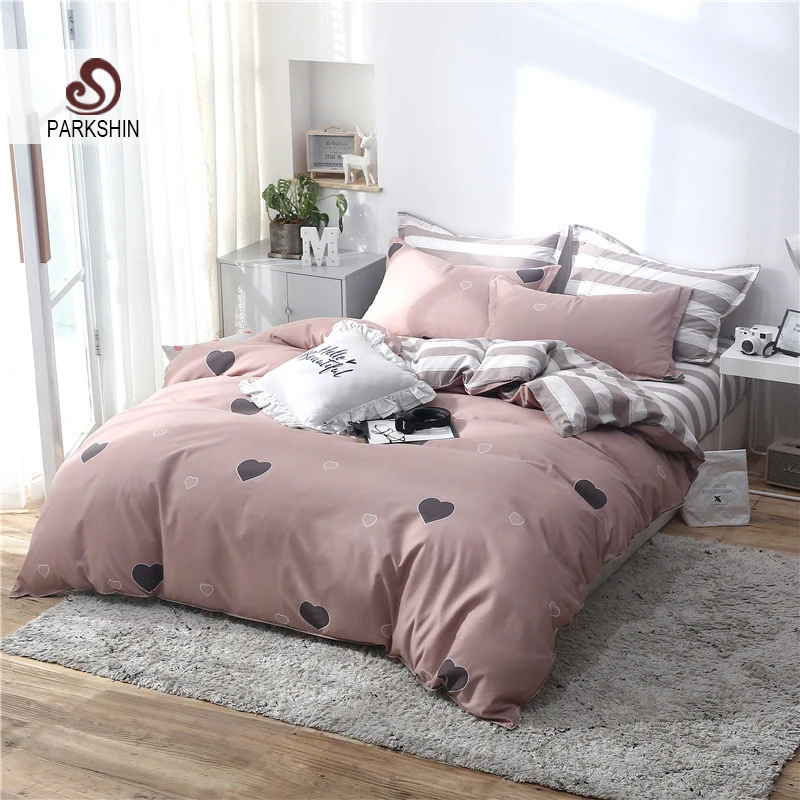 Parkshin Love Heart Pattern Bedding Set Pink Bedspread Duvet Cover