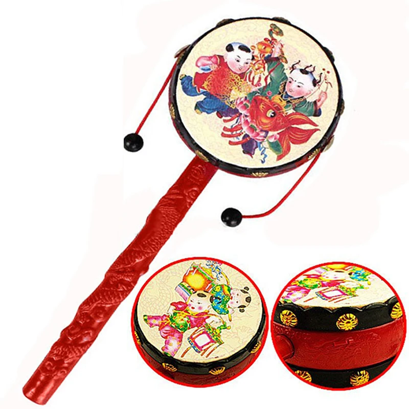 

Red Chinese Traditional Spin Toys Rattle Mobile Drum Kids Educational Cartoon Newborn Handbell Plastic For Baby Toys 0-12 Months