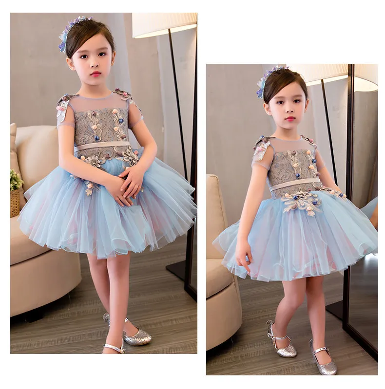 Высококачественное нарядное платье принцессы с цветочным узором для девочек; свадебное платье с аппликацией; блестящее Голубое Кружевное Платье для девочек; платья для первого причастия
