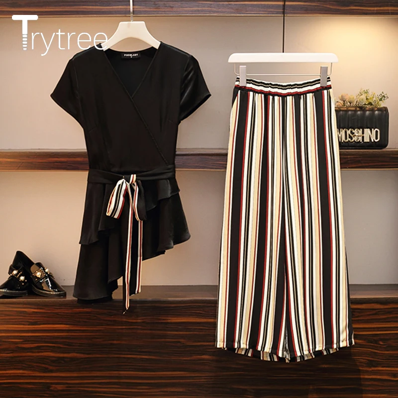 Trytree الصيف المرأتين قطعة مجموعة الخامس الرقبة حزام مشطوف تنحنح قمم + السراويل مخطط مرونة الخصر مكتب سيدة دعوى مجموعة 2 قطعة مجموعة