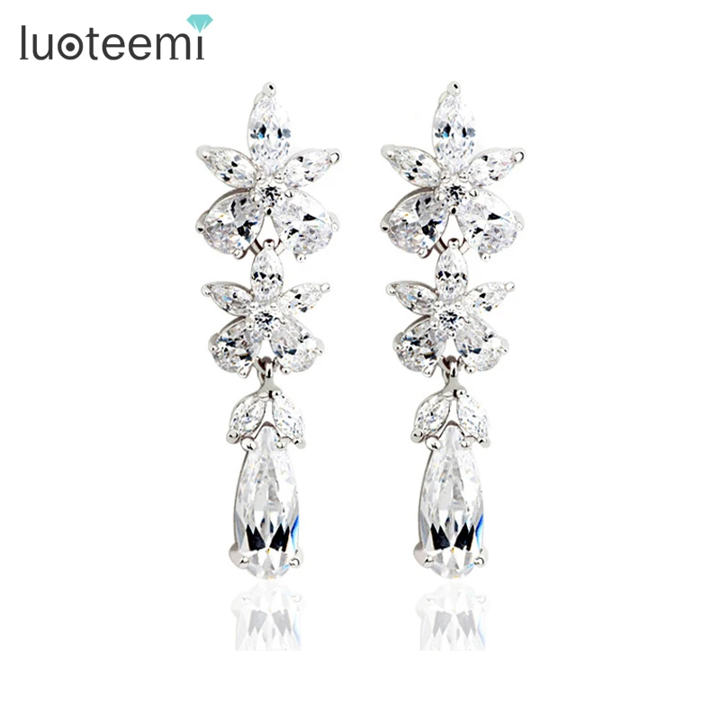 

LUOTEEMI Luxury High Quality Flower Pure AAA Cubic Zircon Stone Dangle Earrings Long for Party and Wedding White Gold-Color