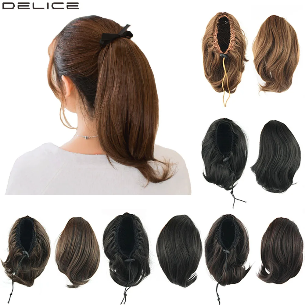 

Delice Women's Clip In Elastic Drawstring Small Chignon Ponytail Synthetic Straight Short Ponytails Black Brown 10inch