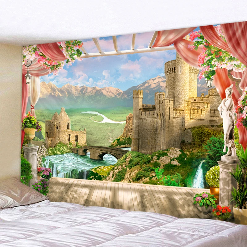 Castle River Outside The Window Printed Tapestry Cheap Hippie Wall