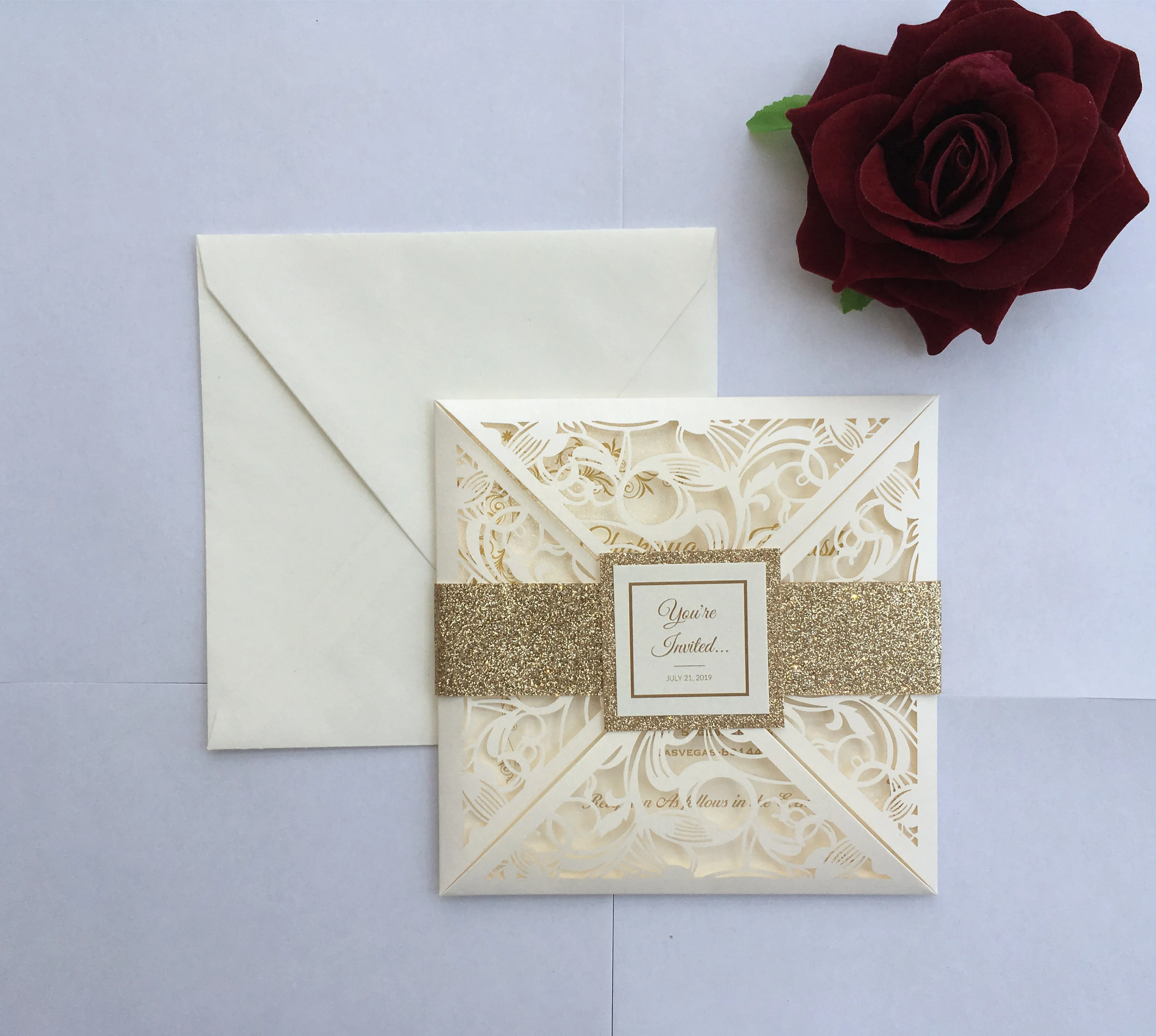 

Ivory Laser Cut Floral Wedding Anniversary Engagement Party Invitation Cards With Band And Envelope, 100PCS, Express Shipping