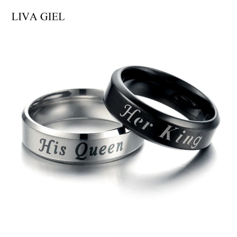 

Couple Ring Men's Women's Simple Silver Black Color Stainless Steel Printing Her King His Queen Ring 2018 Jewelry
