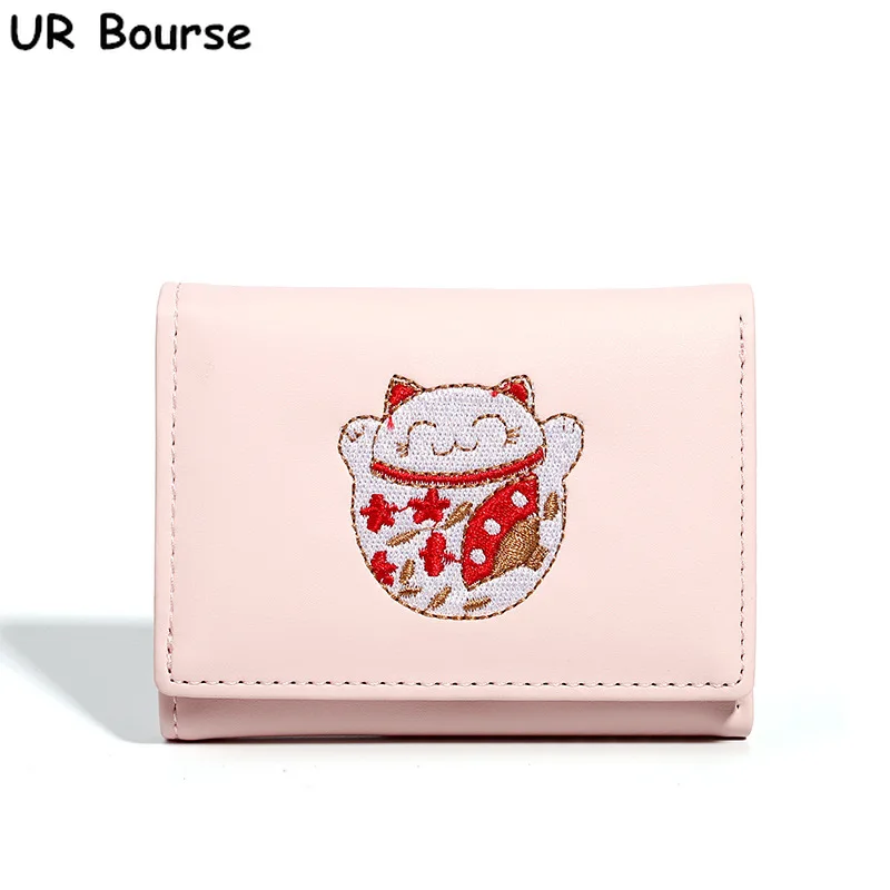 

UR BOURSE Women's Embroidered Cartoon Coin Purse Small Wallet Ladies Multi-card Position Tri-fold Wallet Female Short Carteras