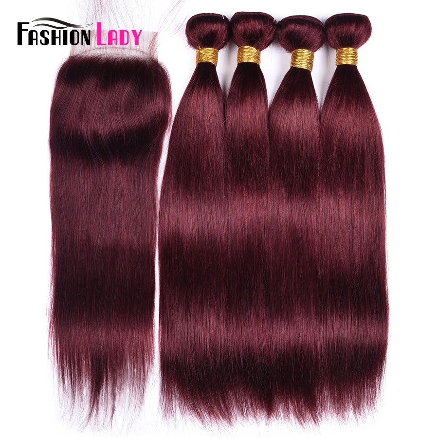 Модные женские предварительно цветные 4 человеческие волосы Связки с Cloure красные бразильские волосы Weave Связки с бесплатной частью Кружева