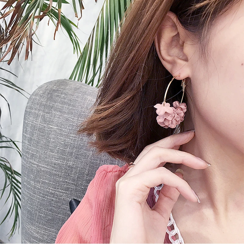 

Women Earrings Cloth Art Flower Charming Earrings Korean Sweety Cute Temperament Fabric Cloth Flower Unique Round Circle Earring