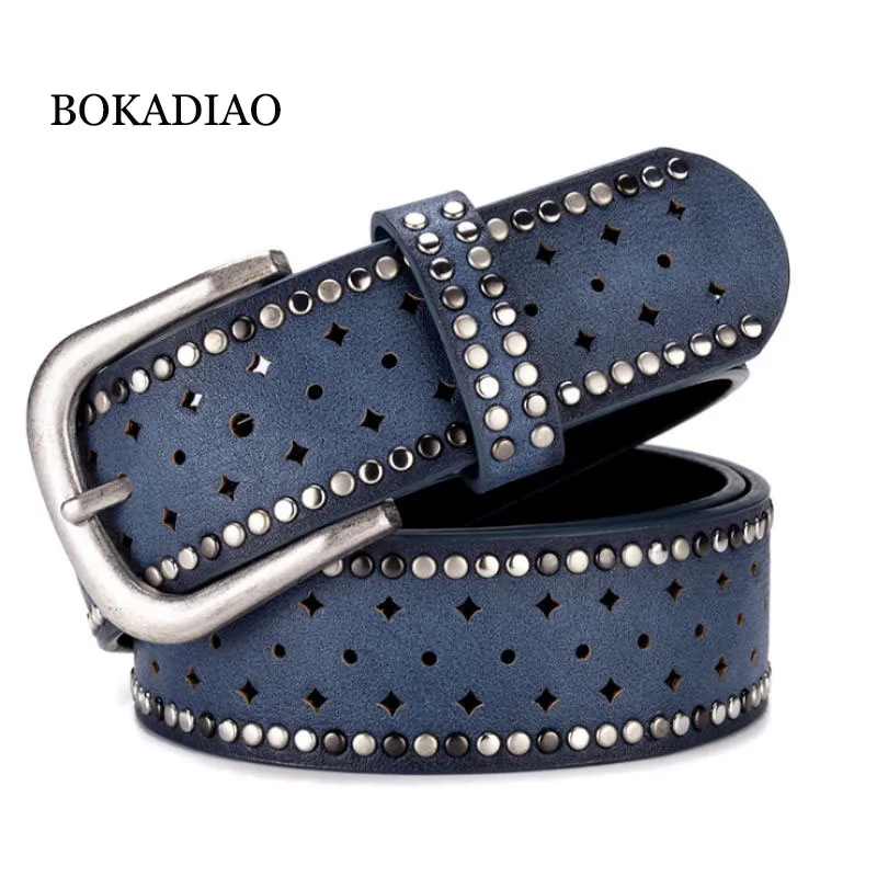 

BOKADIAO Women Belt Punk Pin Buckle Vintage Hollow Rivets Luxury Lady's Original Leather Belts for Women Waistband Female Strap