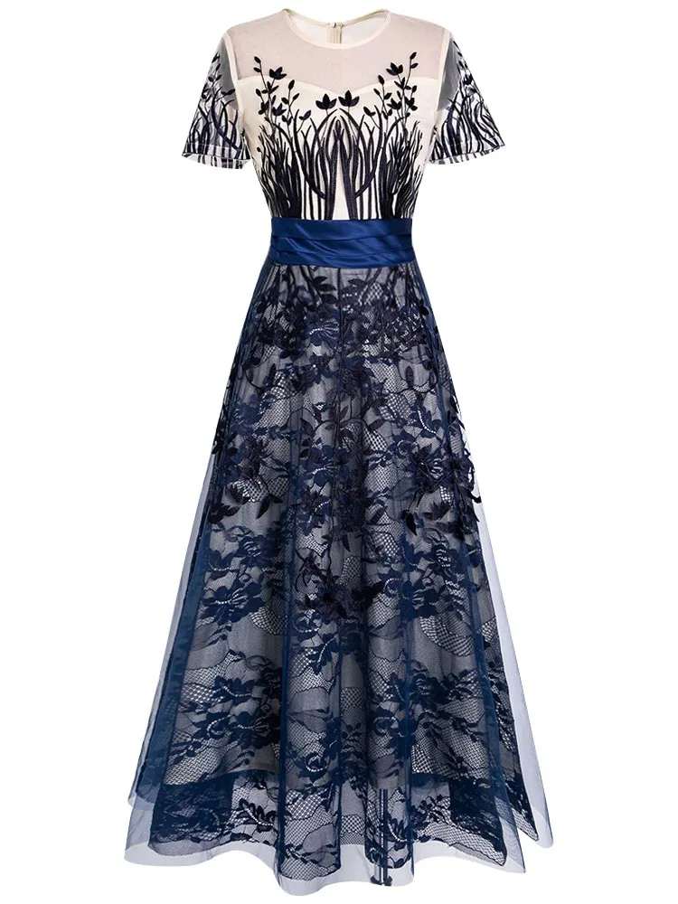 Delocah Women Spring Summer Dress Runway Fashion Floral Embroidery Mesh Overlay Elegant Vintage Collect Waist Long Dresses - Цвет: Многоцветный
