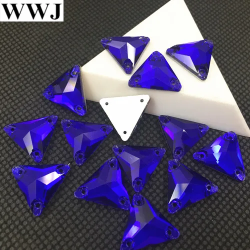 

New 30Pcs 16mm Cobalt Color Triangle Shape Glass Sew On Stone Flatback 3 Holes Sewing Rhinestones Jewelry Beads